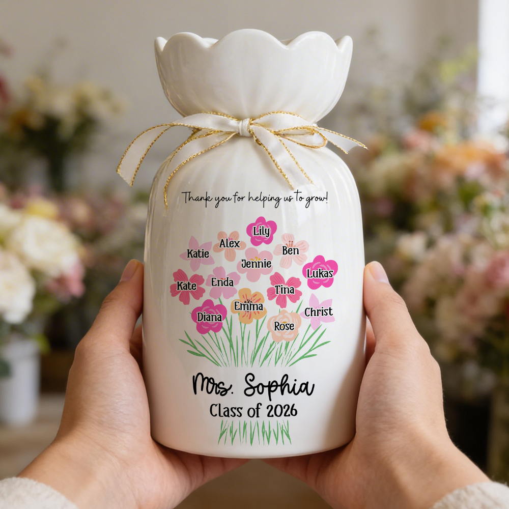 Personalized Teacher Gift - Thank You for Helping Us Grow- Personalized Custom Ribbon Tie Flower Vase