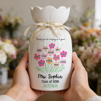 Personalized Teacher Gift - Thank You for Helping Us Grow- Personalized Custom Ribbon Tie Flower Vase