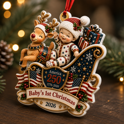 Baby's 1st Christmas In Sleigh America 250th Anniversary - Real 3D Relief Ornament