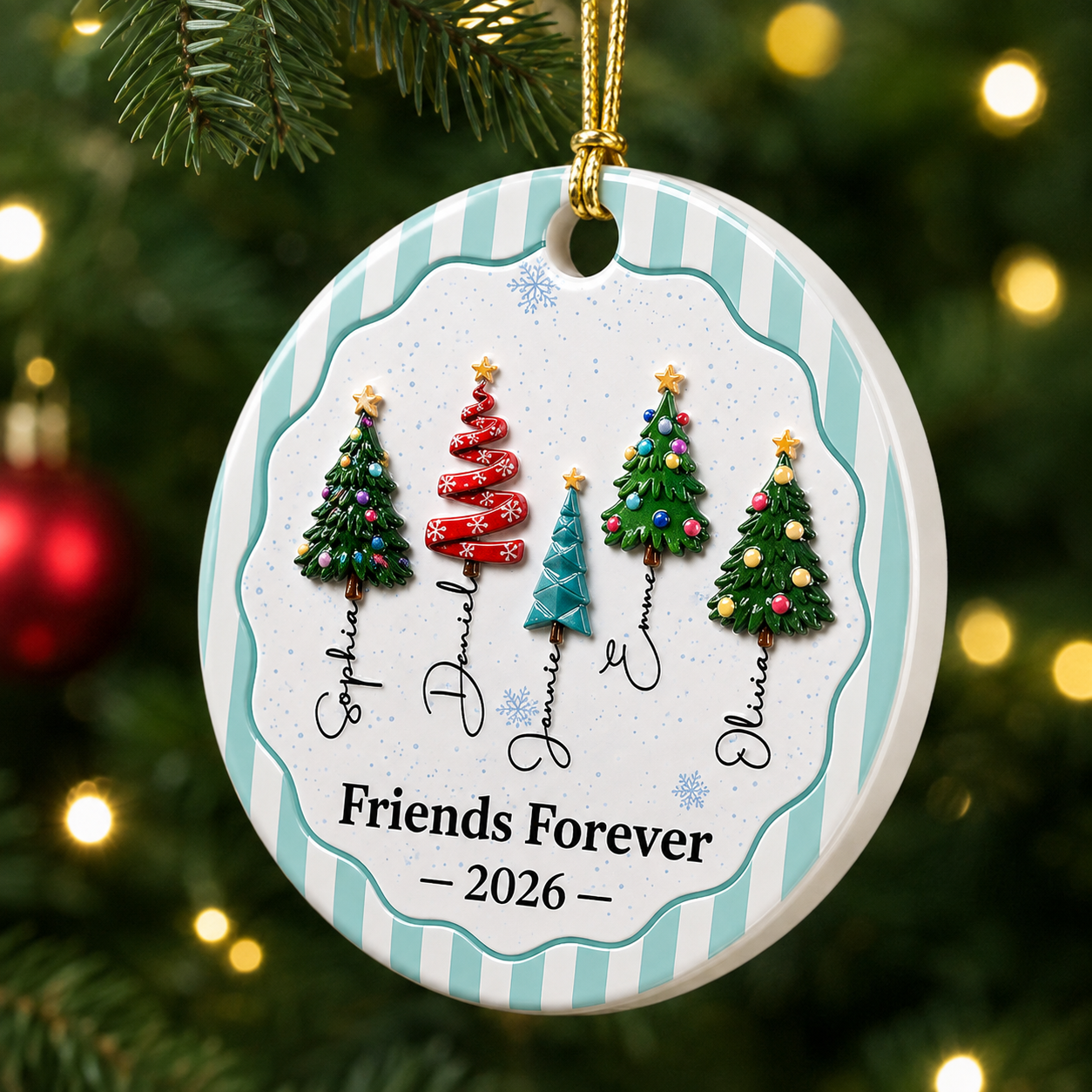 Christmas Tree Ornament Friends Forever Striped Patterns - Real 3D Ceramic Ornament