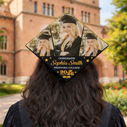 Class Of 2026 Congrats Glitter Cap Topper - Personalized Printed Graduation Cap Topper
