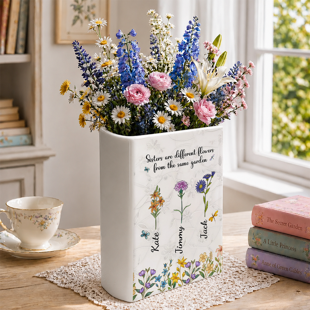 Sisters Are Flowers Mother Of Pearl - Personalized Ceramic Book Vase