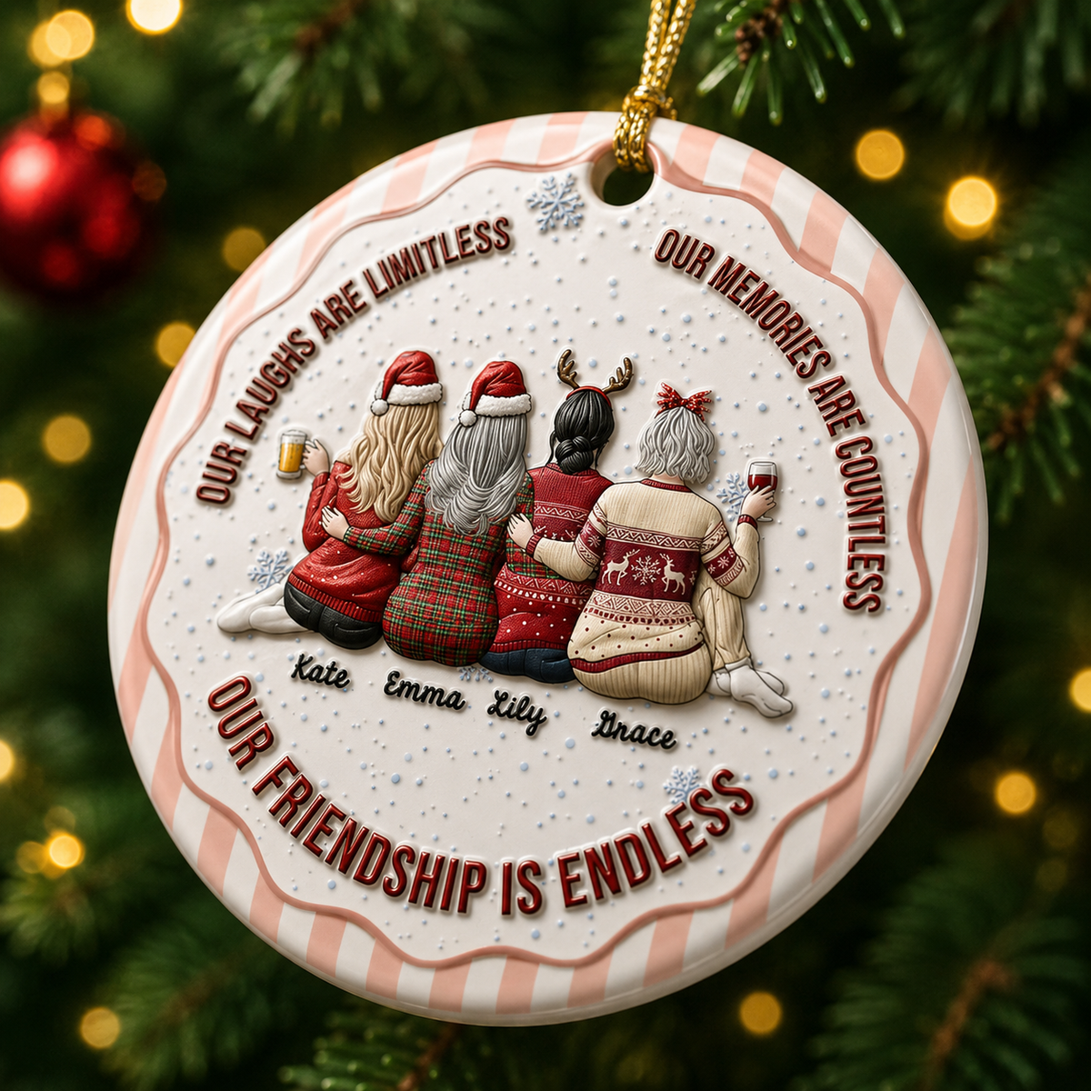 Our Friendship Is Endless Striped Pattern Christmas Gifts For Friends - Real 3D Ceramic Ornament