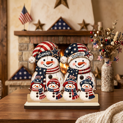 Christmas Family Snowman - Personalized 2-Layer Wood Plaque With Flat Base