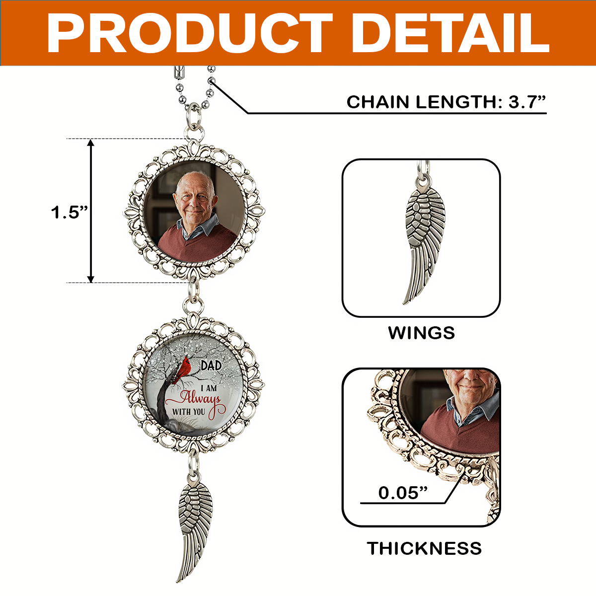 I am Always With You Cardinal- Personalized Photo Car Ornament With Charm