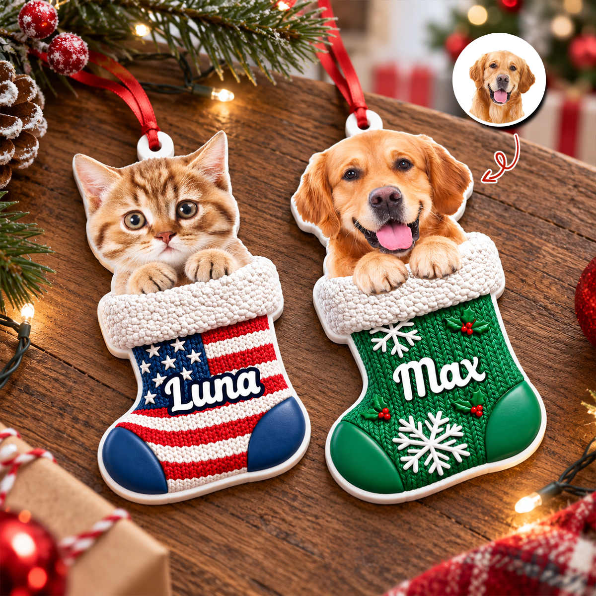 Custom Dog Cat Pet Stocking - Real 3D Relief Ornament