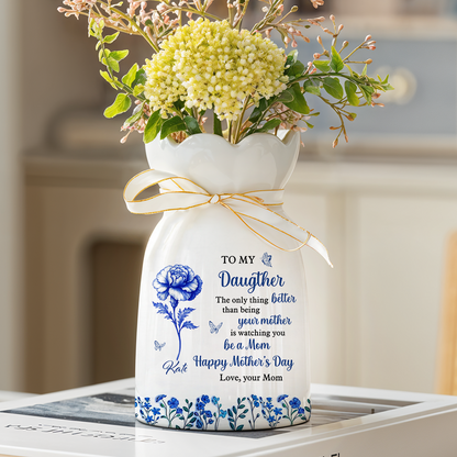 First Mom Now Grandma Birth Flower - Personalized Custom Ribbon Tie Flower Vase