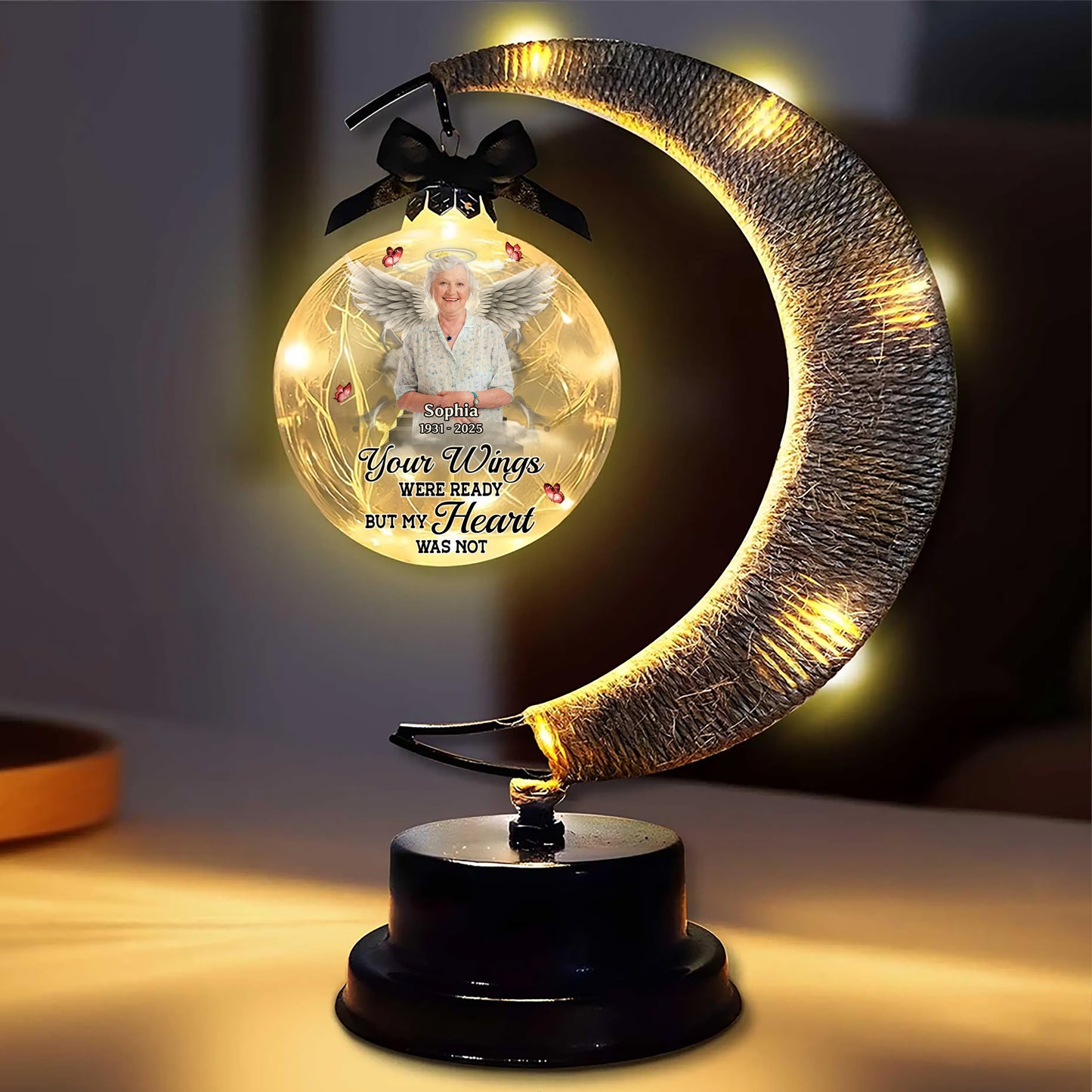 Your Wings Were Ready - Personalized Memorial Moon Led Lamp - Remembrance Gift, Sympathy Gift