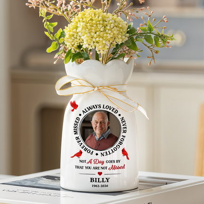 Custom Photo Memorial Always Loved Never Forgotten - Personalized Custom Ribbon Tie Flower Vase