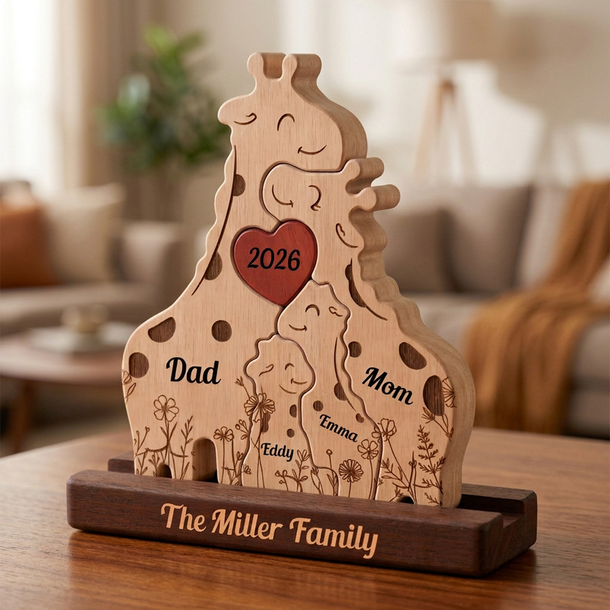 Personalized Giraffe Family Puzzle - Custom Wooden Name Puzzle