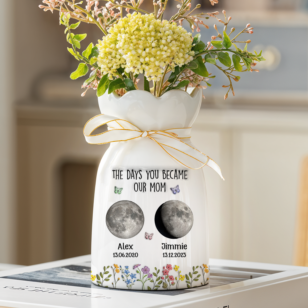 The Days You Became Mom - Personalized Custom Ribbon Tie Flower Vase