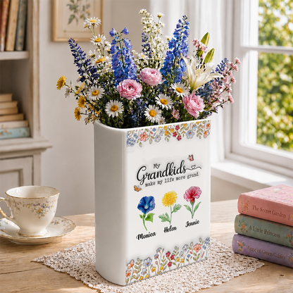 Grandkids Make Life Grand Floral 3D - Personalized Ceramic Book Vase