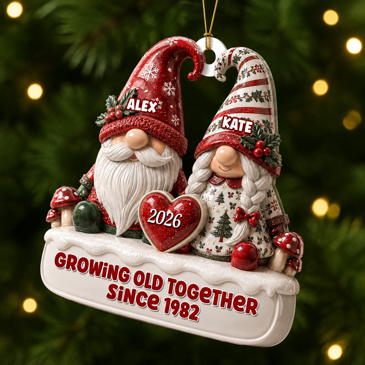 Toile De Jouy Pattern Gnome Couple - 3D Relief Ornament