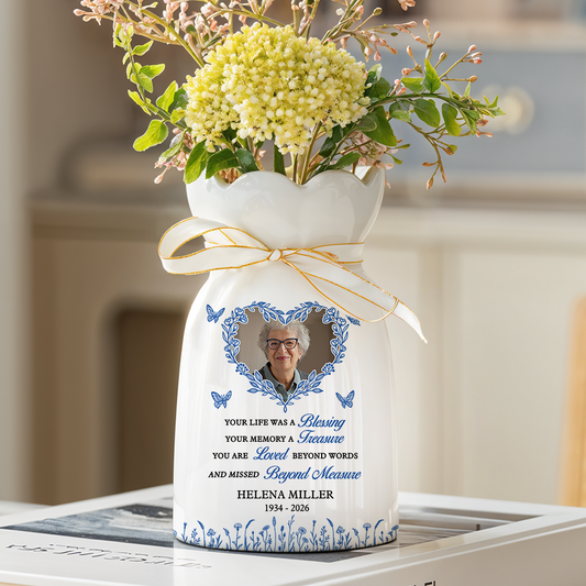 In Loving Memory Heart Photo - Personalized Custom Ribbon Tie Flower Vase
