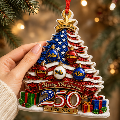 Our Patriotic Family Christmas Custom Names - Real 3D Relief Ornament 2