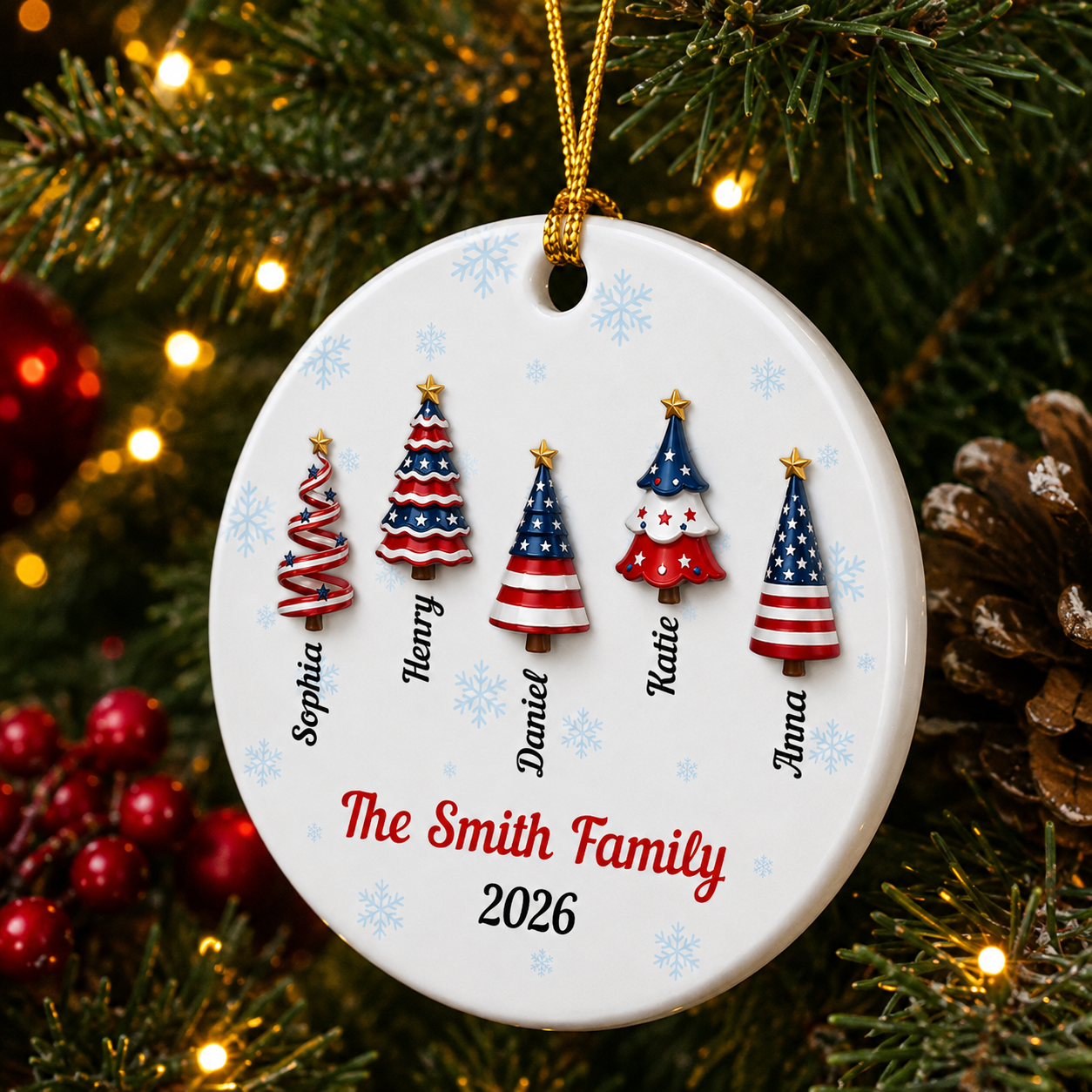 America 250 Christmas Ornament with Family Names - Real 3D Ceramic Ornament
