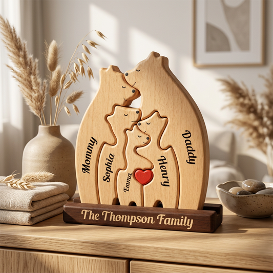 Personalized Christmas Bear Family Puzzle - Custom Wooden Name Puzzle