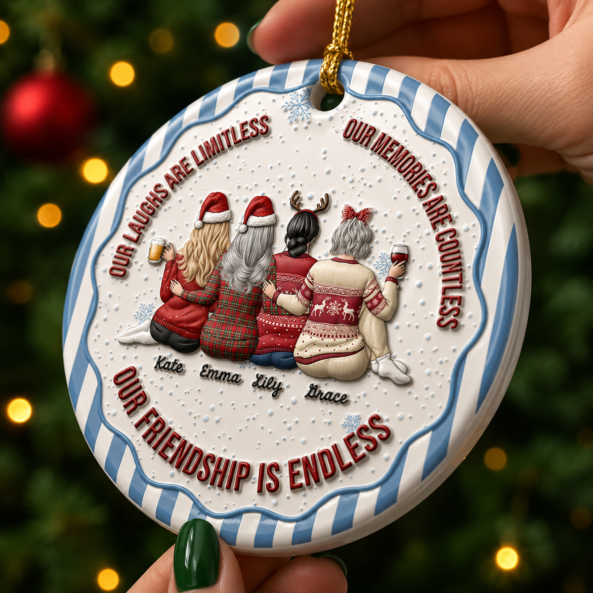 Our Friendship Is Endless Striped Pattern Christmas Gifts For Friends - Real 3D Ceramic Ornament