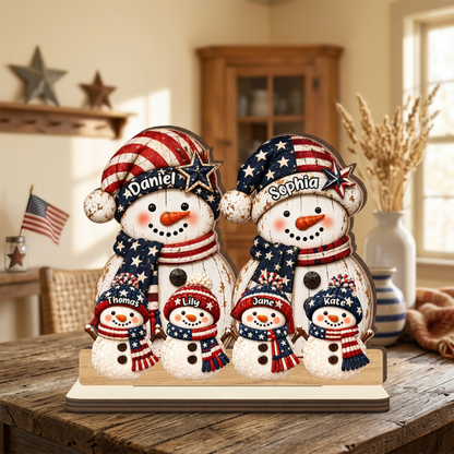 Christmas Family Snowman - Personalized 2-Layer Wood Plaque With Flat Base