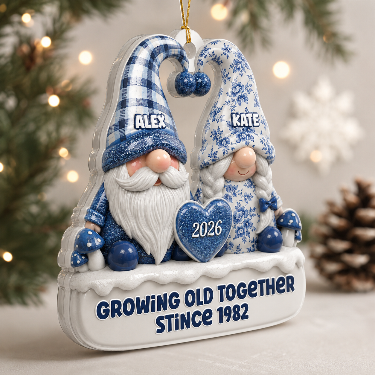 Toile De Jouy Pattern Gnome Couple - 3D Relief Ornament
