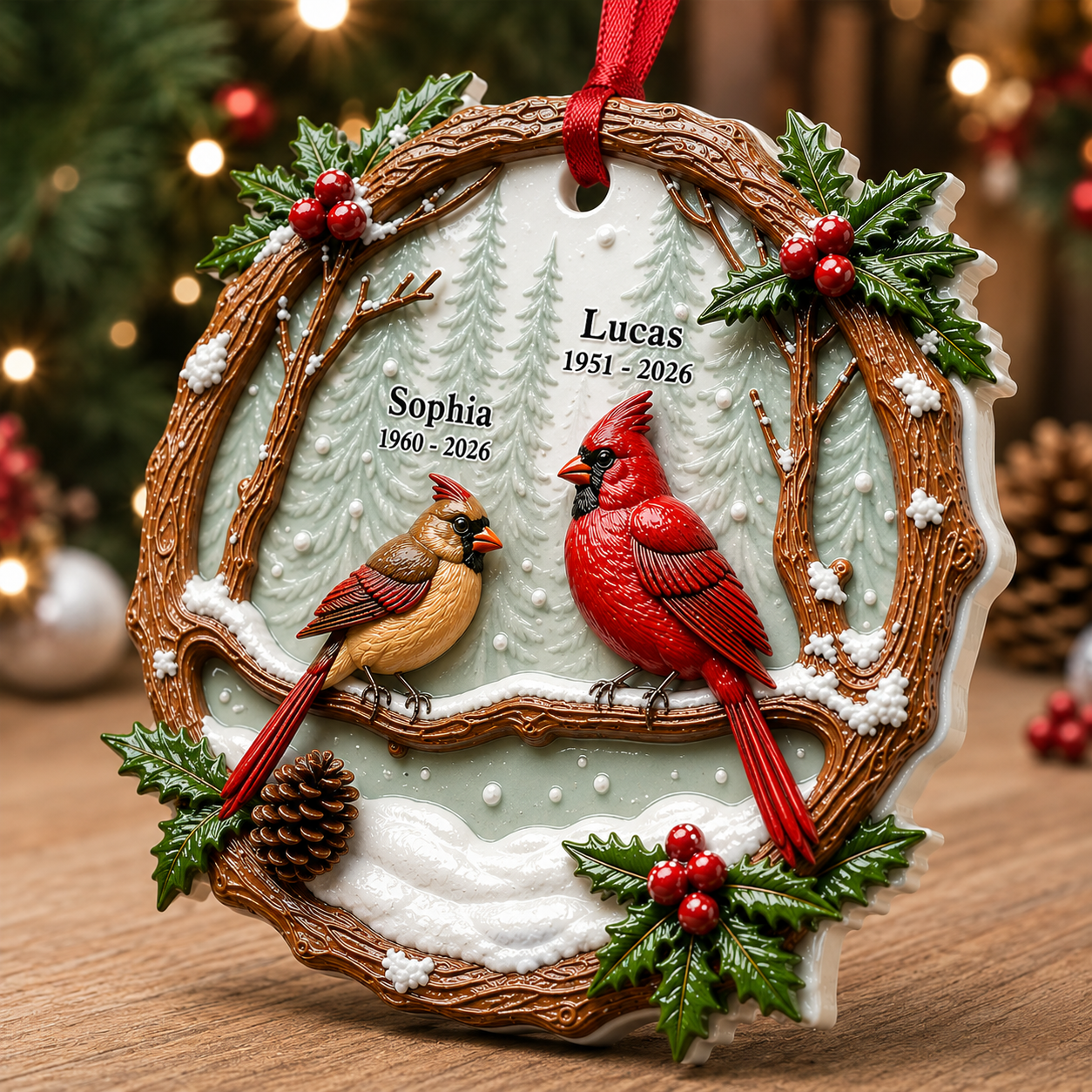 Cardinals Dad Mom Memorial Berry - Real 3D Relief Ornament 2