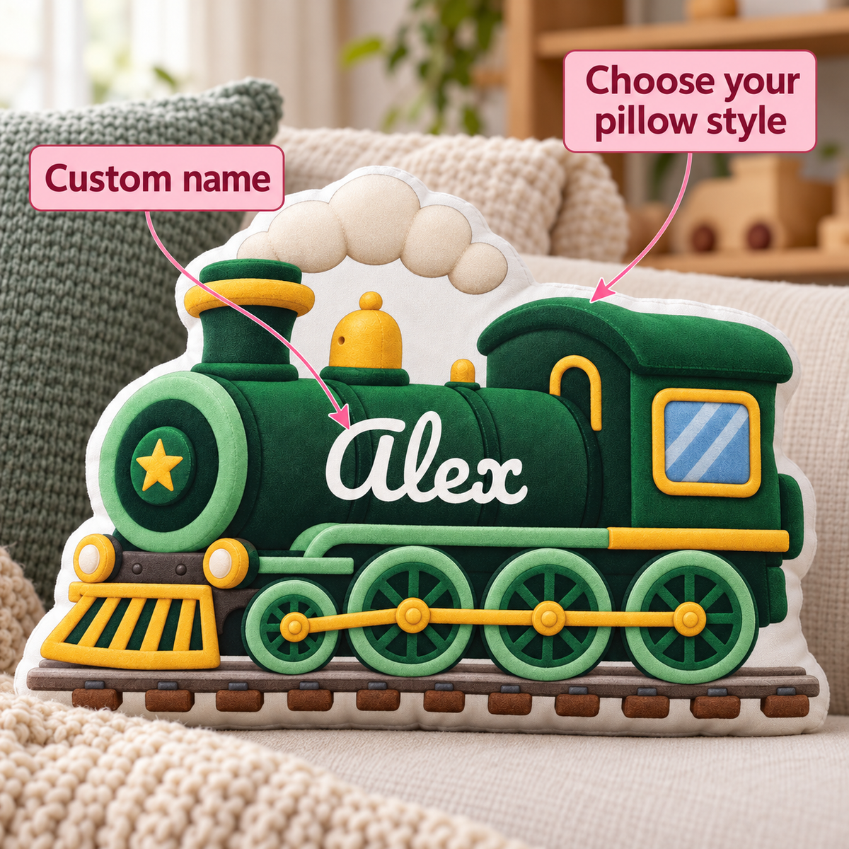 Train Custom Shaped Pillow - Personalized Custom Pillow - Gifts for Kids