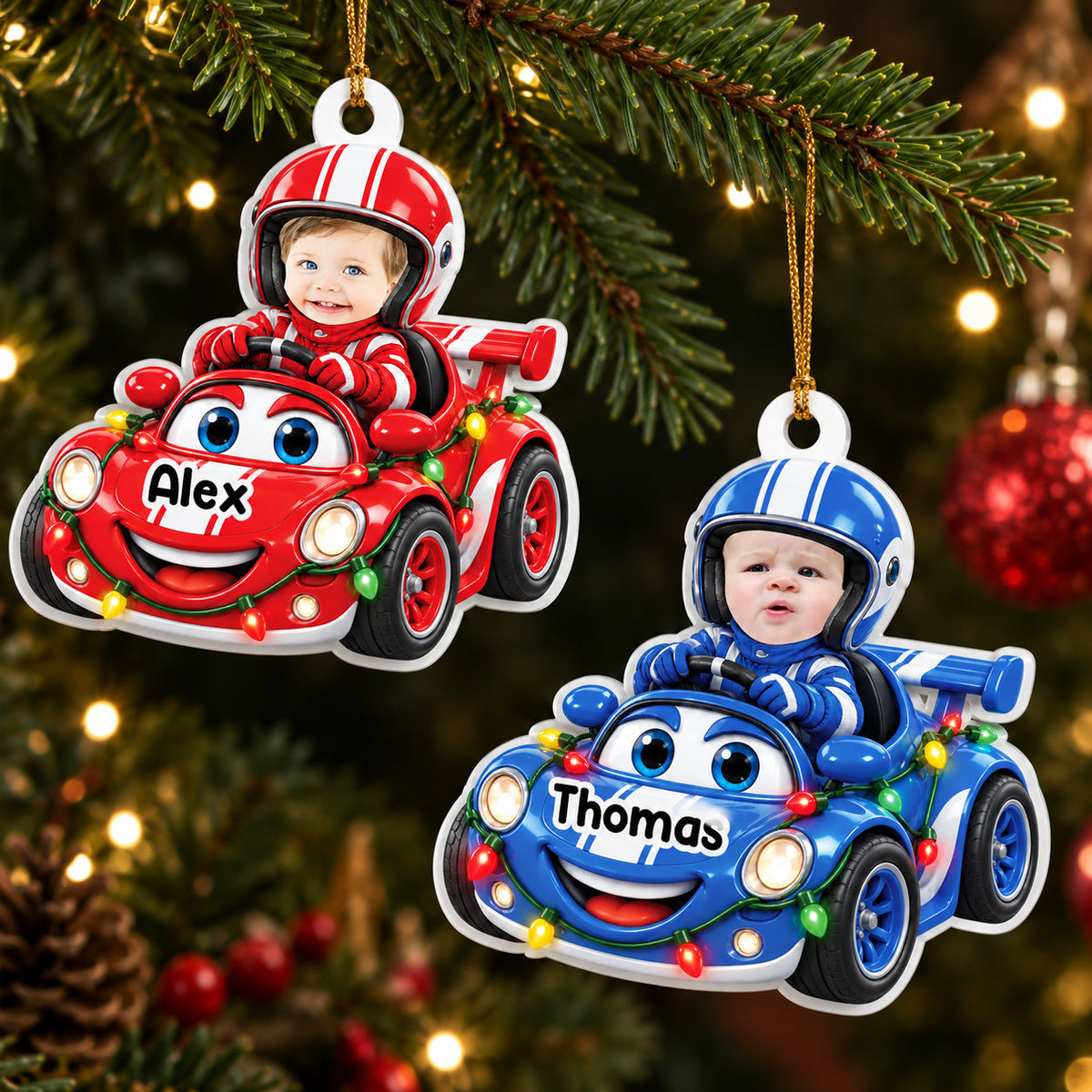 Racing Car Photo Ornament - Personalized Christmas Gifts for Kids - Real 3D Relief Ornament