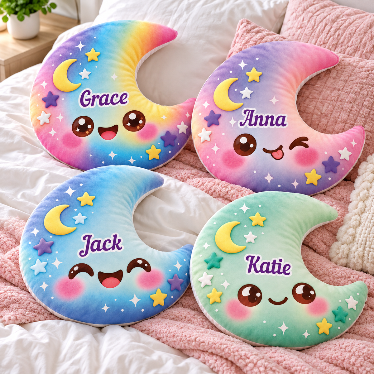 Squishy Colorful Moon Custom Shaped Pillow - Personalized Custom Pillow - Gifts for Kids