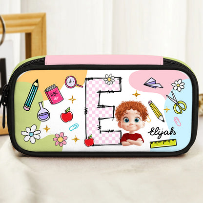 Colorful personalized pencil case with custom name.
