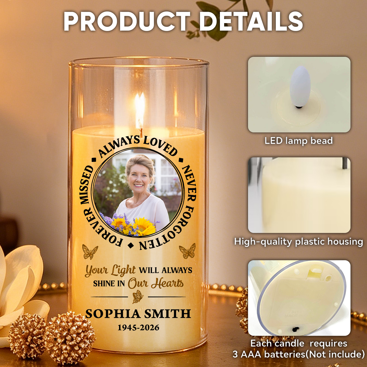 Never Forgotten Custom Photo Memorial - Personalized Flameless LED Candle