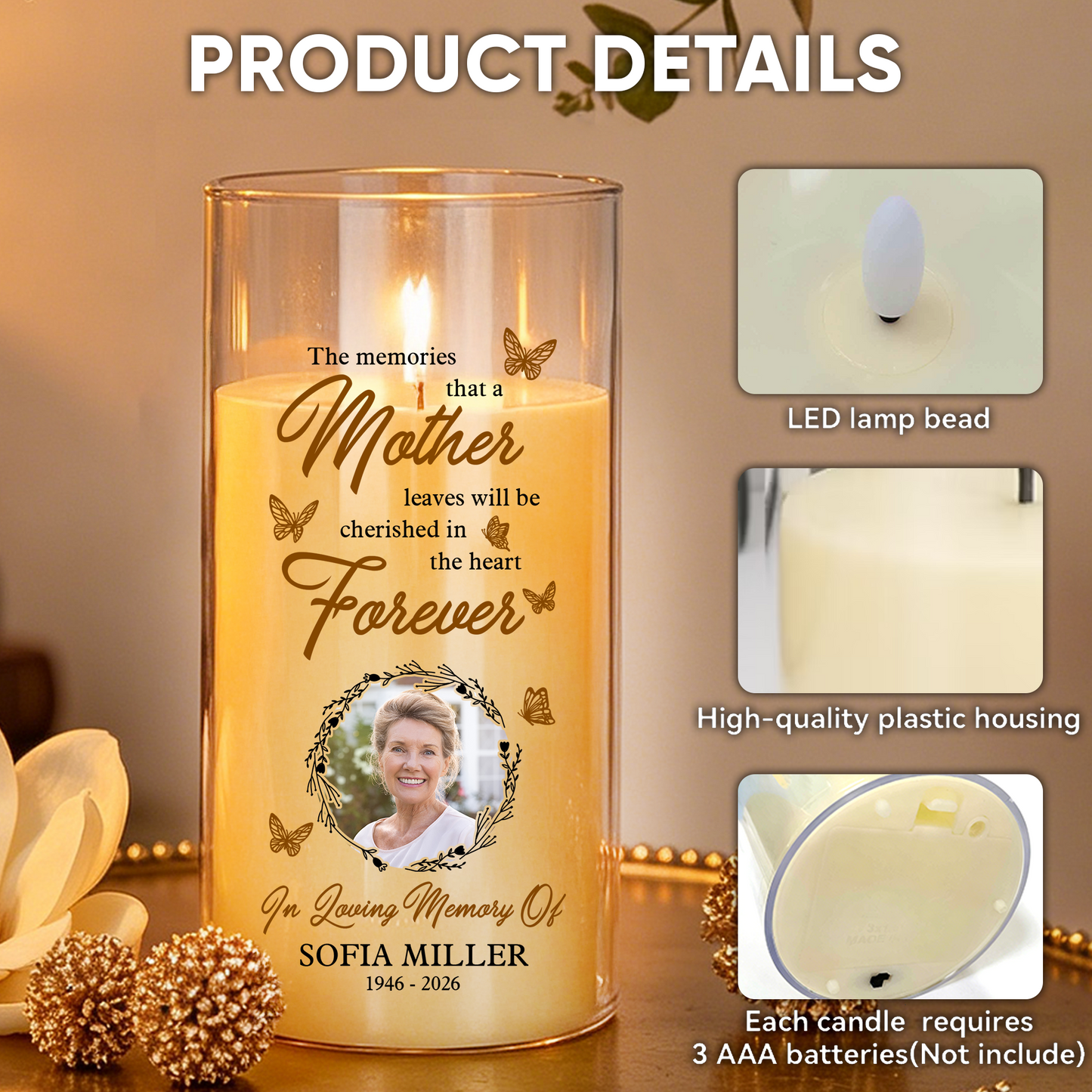 Cherished In The Heart Custom Photo Memorial - Personalized Flameless LED Candle