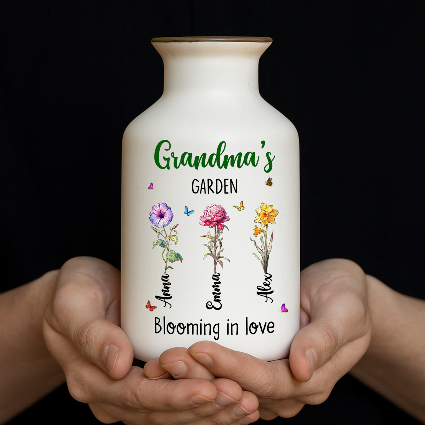 Elegant white ceramic flower vase with "Grandma's Garden is Grown with Seeds of Love" design.
