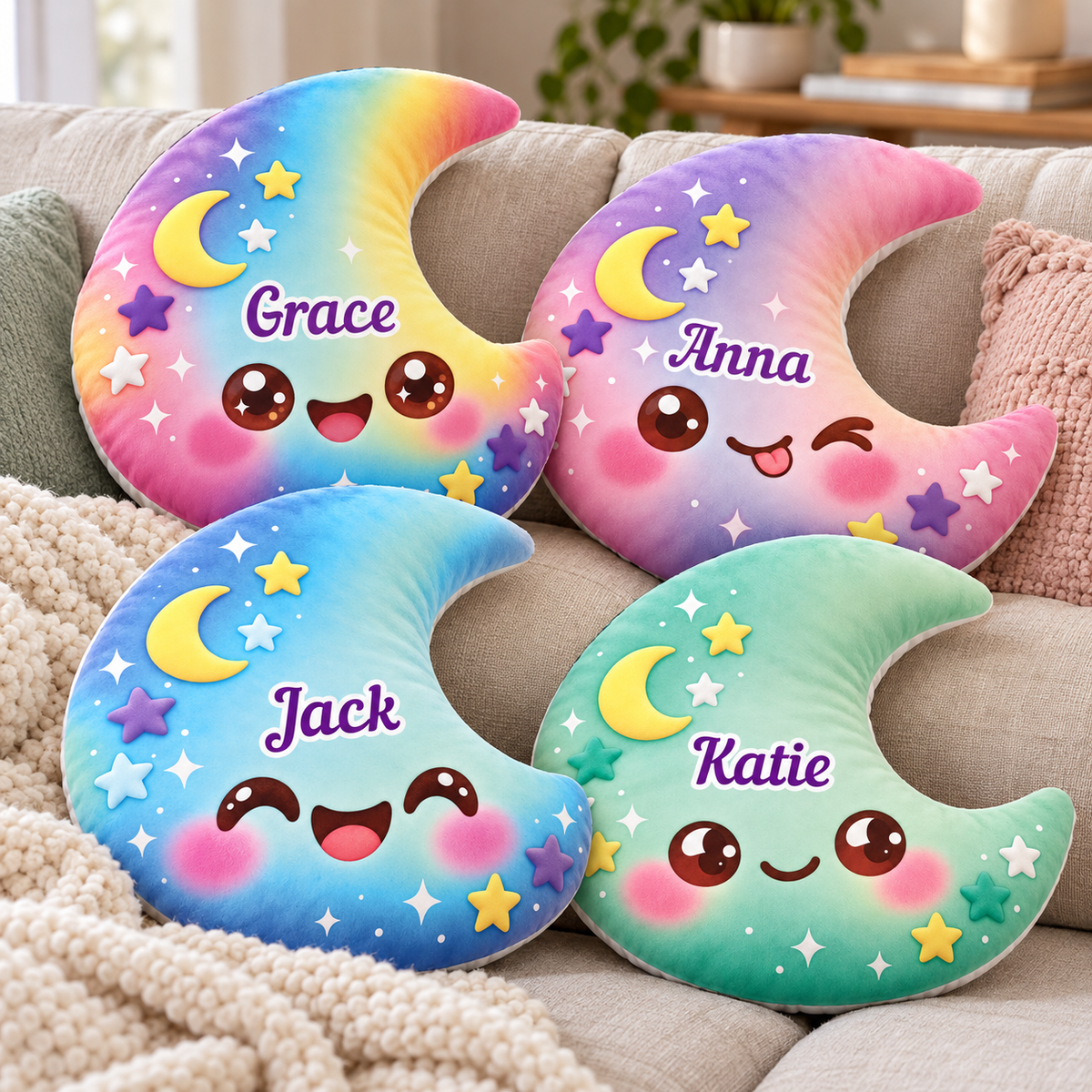 Squishy Colorful Moon Custom Shaped Pillow - Personalized Custom Pillow - Gifts for Kids