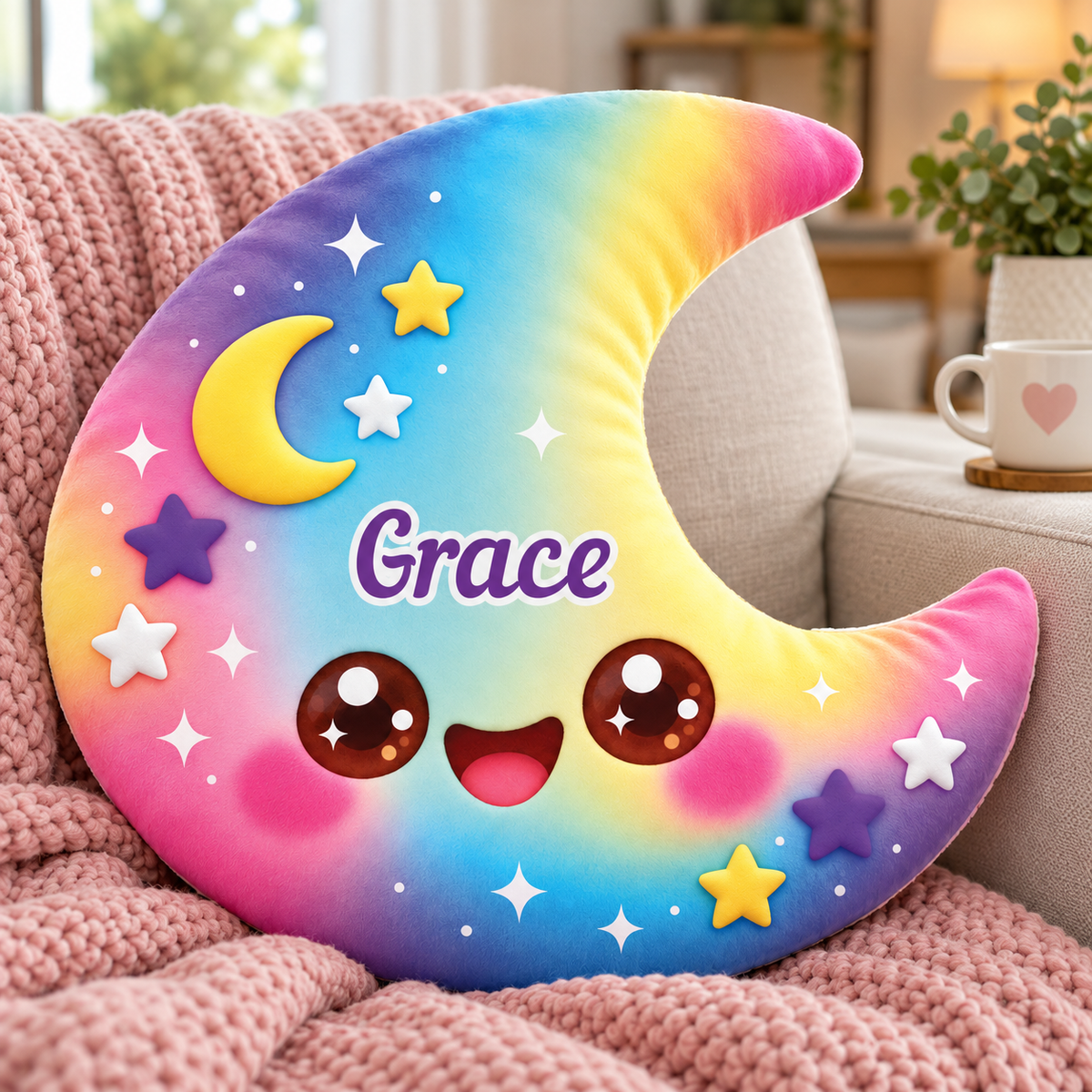 Squishy Colorful Moon Custom Shaped Pillow - Personalized Custom Pillow - Gifts for Kids