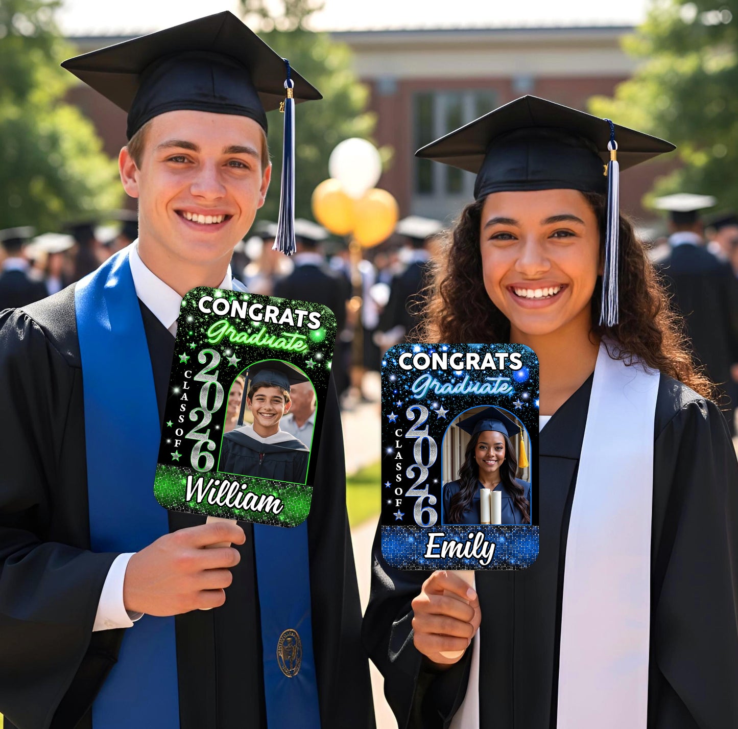 Personalized Graduation Face Fans Glitter With Wooden Handle - Fans Faces Class Of 2026