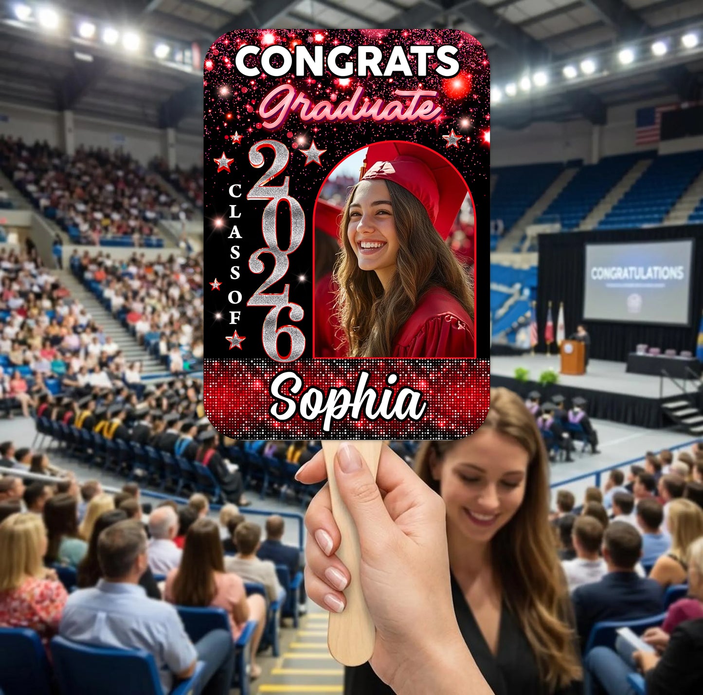 Personalized Graduation Face Fans Glitter With Wooden Handle - Fans Faces Class Of 2026