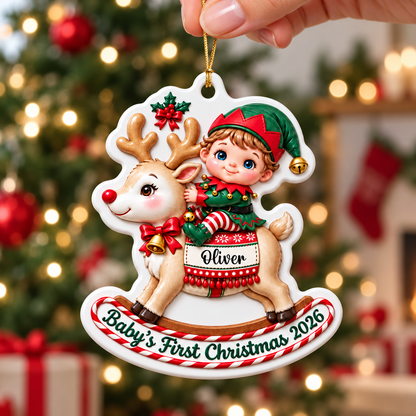 Personalized Baby's First Christmas Reindeer Ornament - Real 3D Relief Ornament