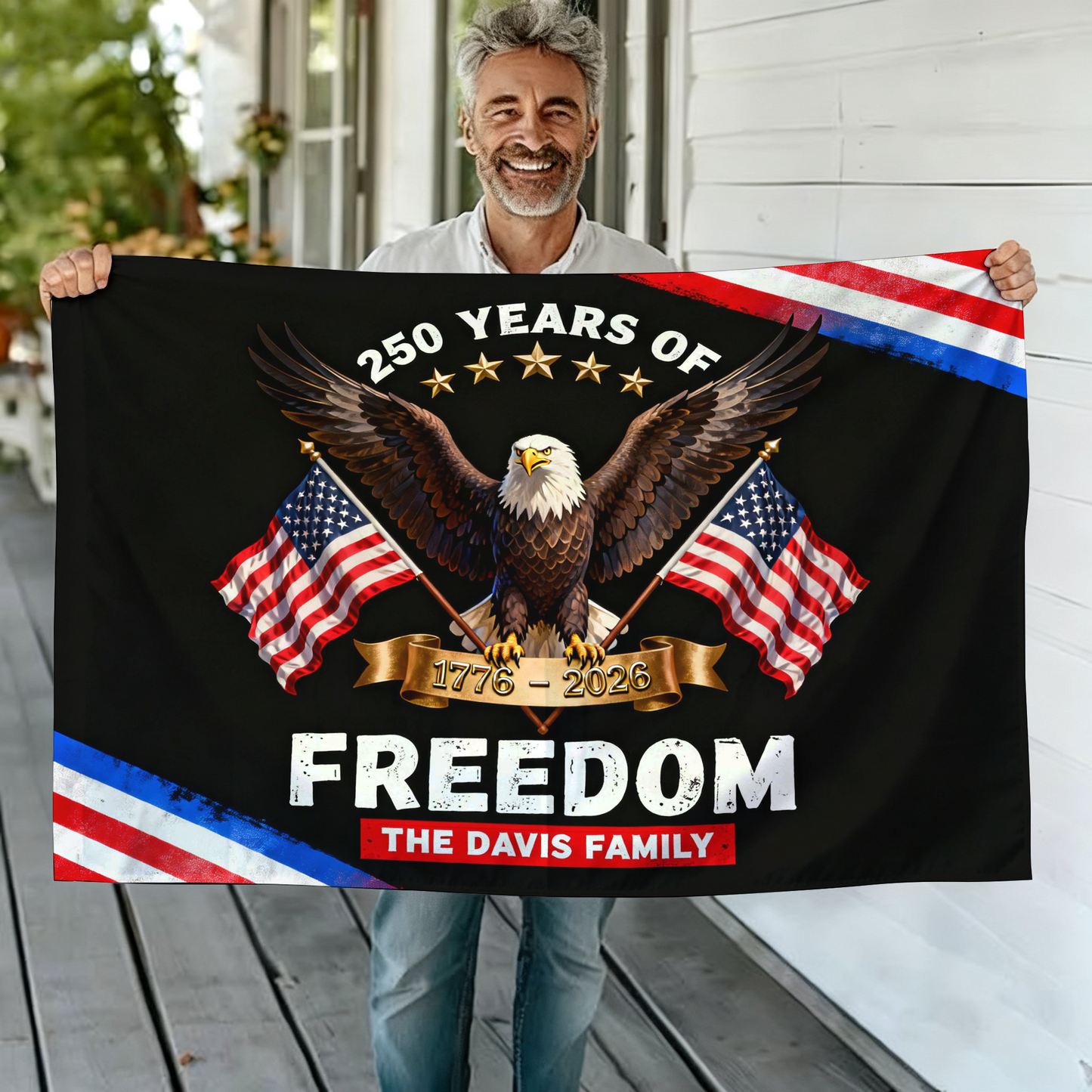 Custom Family Name 250 Years of Freedom American Flag - Semiquincentennial Eagle Flag - Personalized House Flag