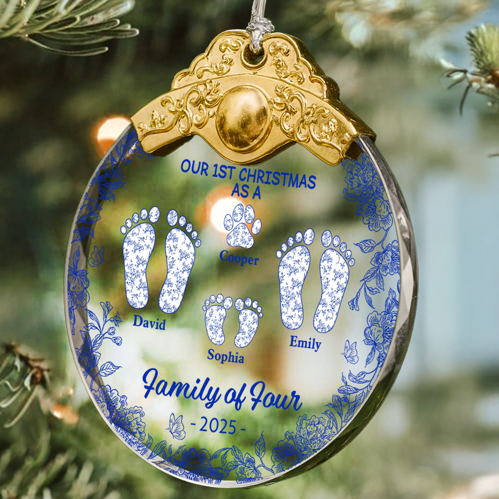 First Christmas As A Family Of Four Toile Footprints - Personalized Glass Ornament With Silver and Gold Cap