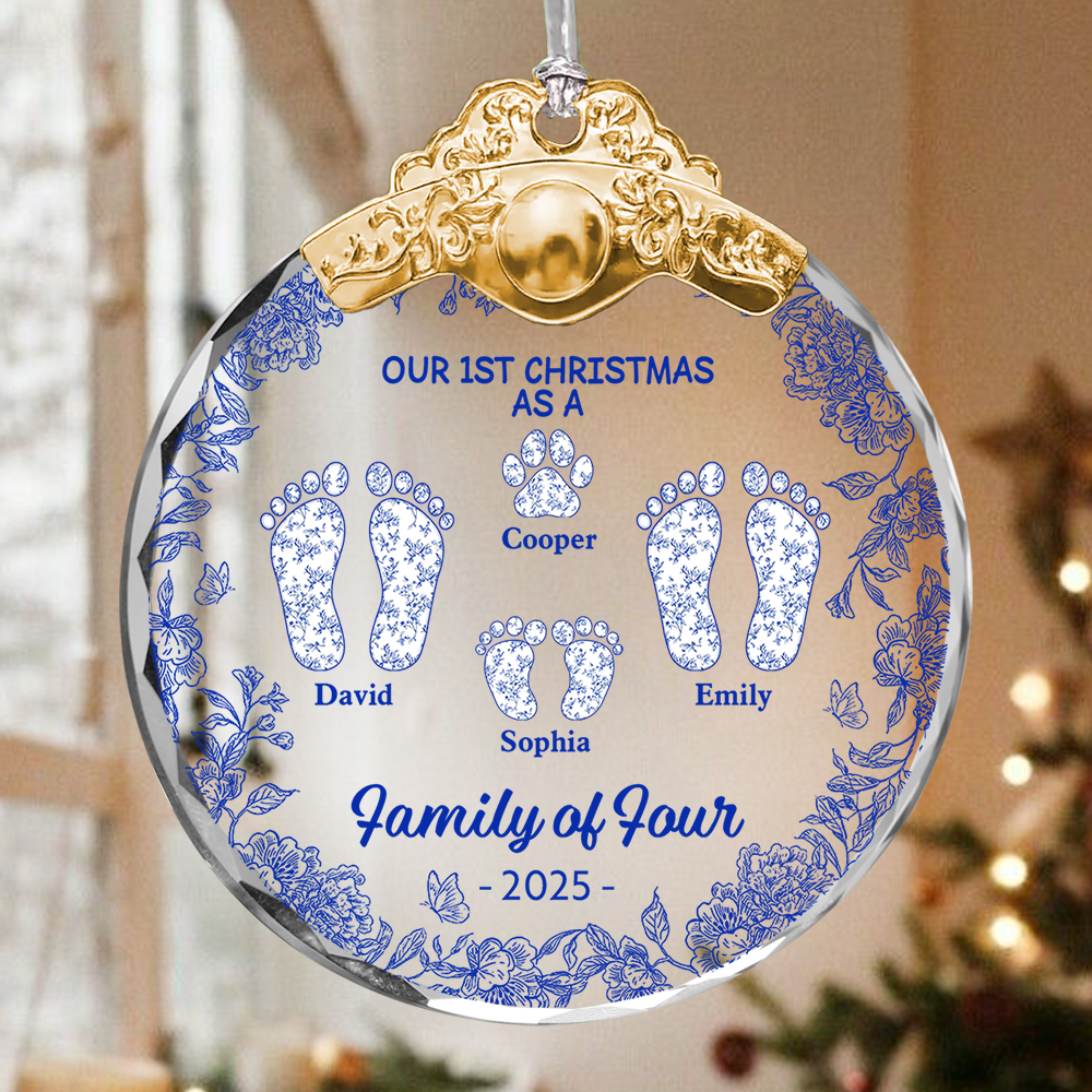 First Christmas As A Family Of Four Toile Footprints - Personalized Glass Ornament With Silver and Gold Cap
