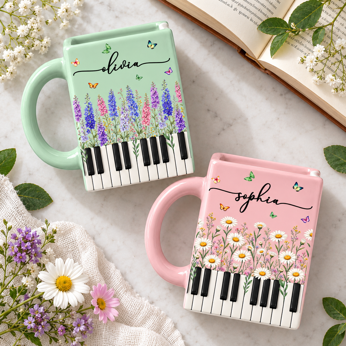 Custom Birth Month Flowers  Book Lovers Shaped Mug - Personalized Name Gifts - Best Friend, Christmas & Birthday Friendship Keepsake Gift