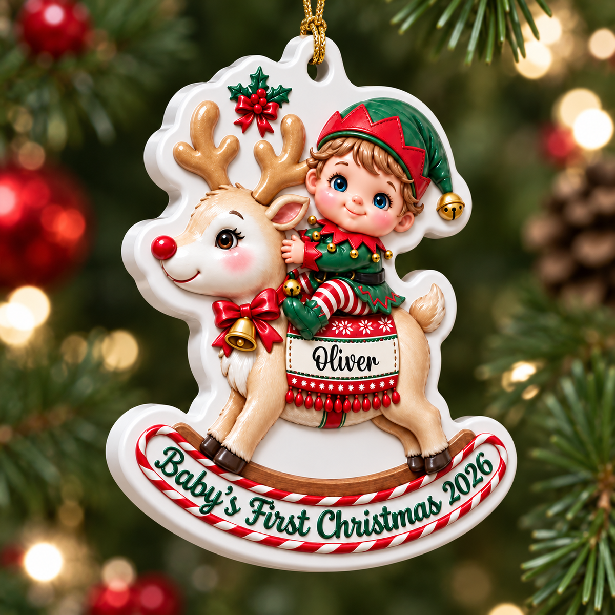 Personalized Baby's First Christmas Reindeer Ornament - Real 3D Relief Ornament