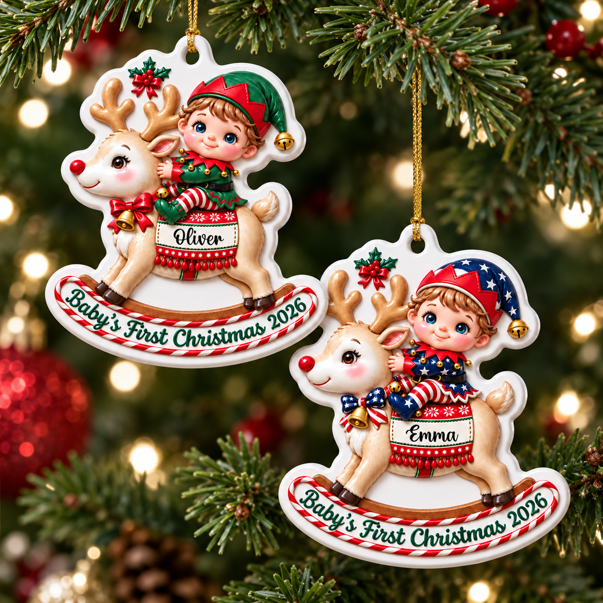 Personalized Baby's First Christmas Reindeer Ornament - Real 3D Relief Ornament