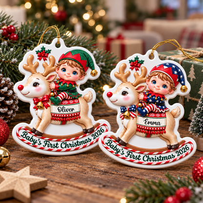 Personalized Baby's First Christmas Reindeer Ornament - Real 3D Relief Ornament