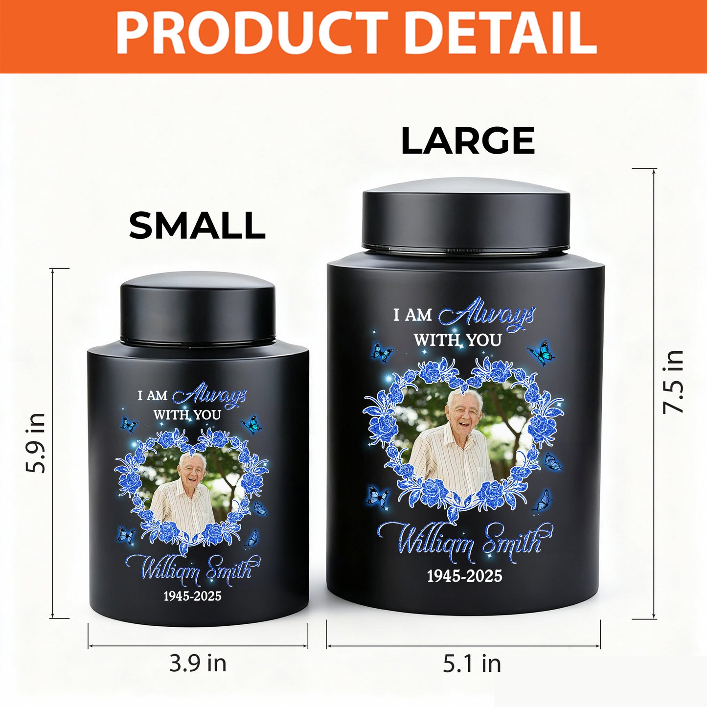 Heart Photo In Loving Memories Flowers -  Keepsake Wings Urn for Ashes - Stainless Steel Urn