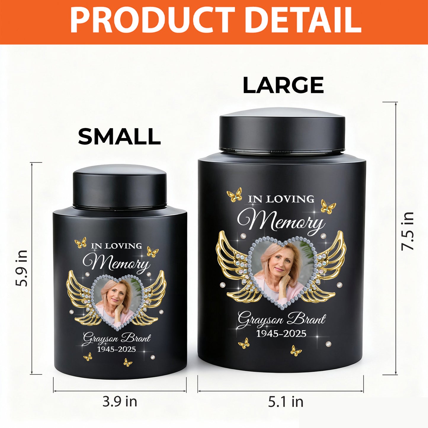 In Loving Memories Miss You Photo -  Keepsake Wings Urn for Ashes - Stainless Steel Urn