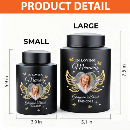 In Loving Memories Miss You Photo -  Keepsake Wings Urn for Ashes - Stainless Steel Urn