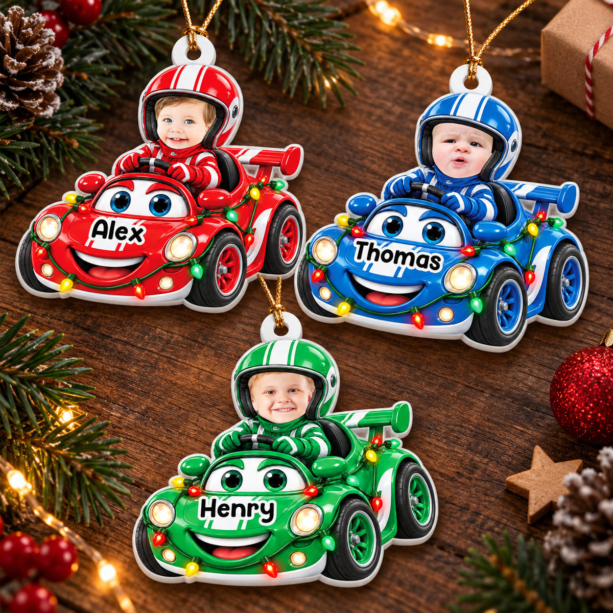 Racing Car Photo Ornament - Personalized Christmas Gifts for Kids - Real 3D Relief Ornament