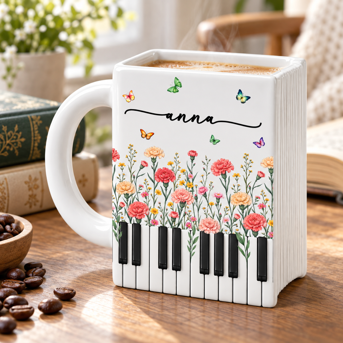 Custom Birth Month Flowers  Book Lovers Shaped Mug - Personalized Name Gifts - Best Friend, Christmas & Birthday Friendship Keepsake Gift