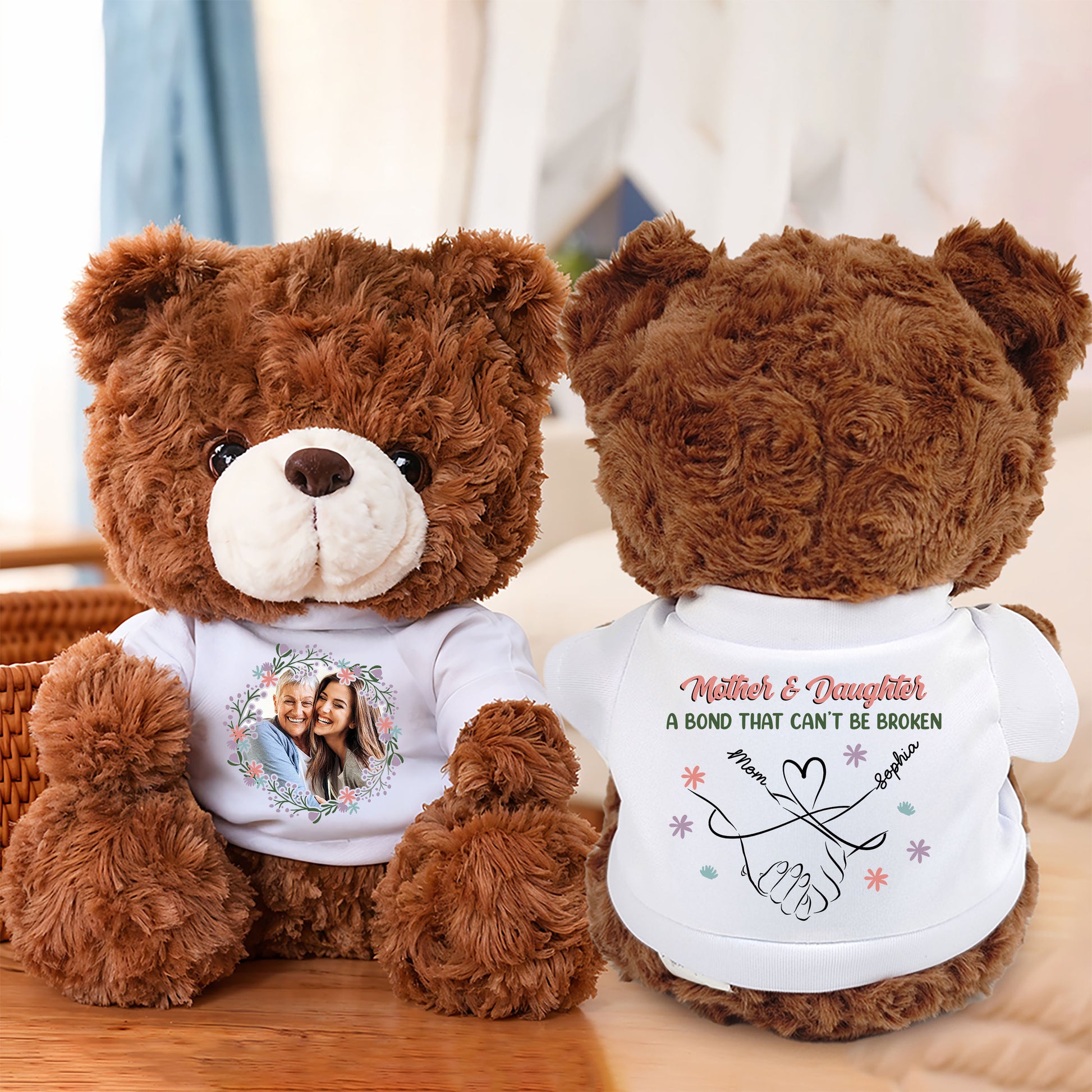 Personalized "A Bond Can't Be Broken" teddy bear for Mother's Day, a custom plush gift to celebrate togetherness.